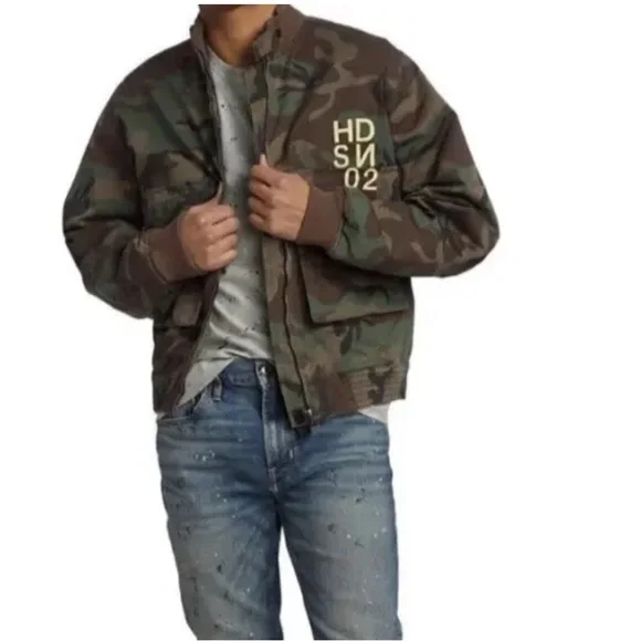 NWT $395 HUDSON Camouflage Logo Bomber Jacket in Army Fatigue S